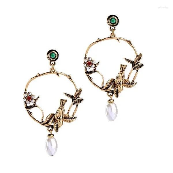 Boucles d'oreilles pendantes Vintage élégantes, perles, fleur, oiseau 3D, charme, bijoux de fête pour filles