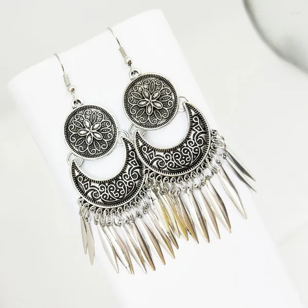 Pendientes colgantes Vintage étnico antiguo Color plata Metal hojas borla para mujeres largo multicapa flor tallada Jhumka joyería