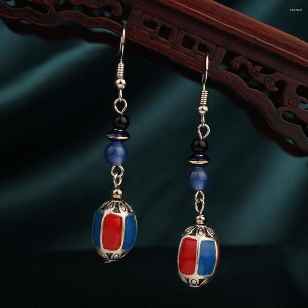 Boucles d'oreilles pendantes ethniques Vintage pour femmes, bijoux en cloisonné bleu et rouge, longues pierres naturelles, 2023