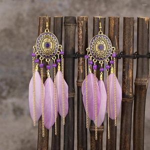 Pendientes colgantes con borlas de plumas étnicas Vintage para mujer, cadena larga con flecos, accesorios de joyería para niñas