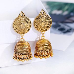 Pendientes colgantes Vintage étnico Color dorado Jhumka Bijoux antiguo redondo tallado campanas joyería de boda femenina