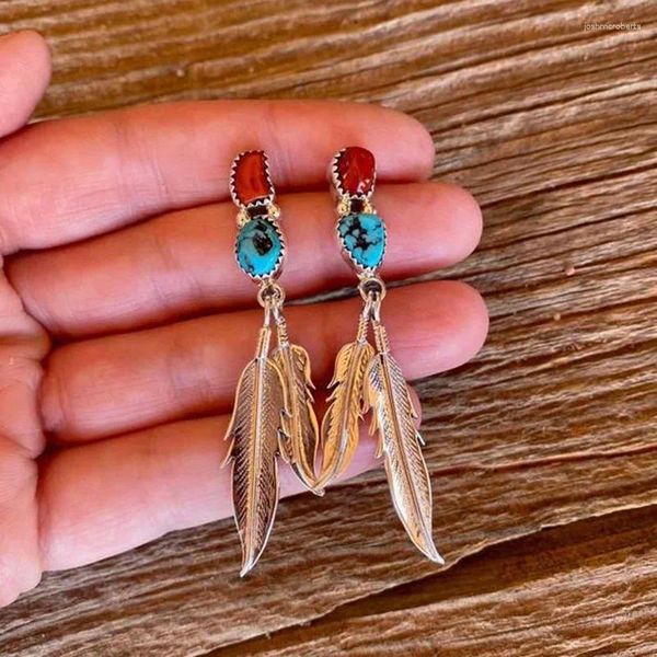 Boucles d'oreilles pendantes Vintage ethnique feuille plume métal goutte Boho Tribal rouge bleu pierre naturelle pour femmes cadeau