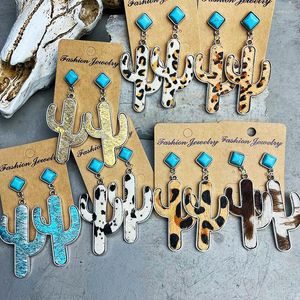 Pendientes colgantes Estilo étnico vintage Anillos de oreja Aleación de cuero de vaca Cactus Turquesa Vaquero occidental Calidad Pelo de caballo Leopardo