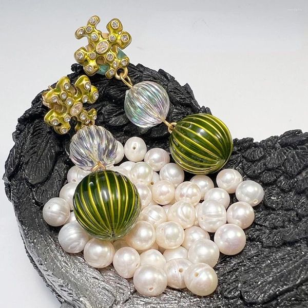 Boucles d'oreilles pendantes Vintage Europe et états-unis, Design de Niche, boule en céramique verte, longue, bijoux médiévaux, cadeau espagne