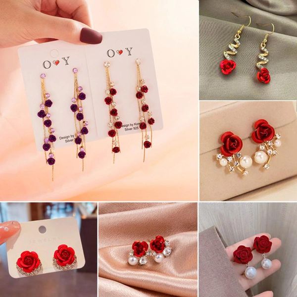 Pendientes colgantes Vintage de moda con diamantes de imitación y flores rosas para mujer, borla de resina de aleación, joyería de fiesta para chica, regalo de tendencia, 1 par