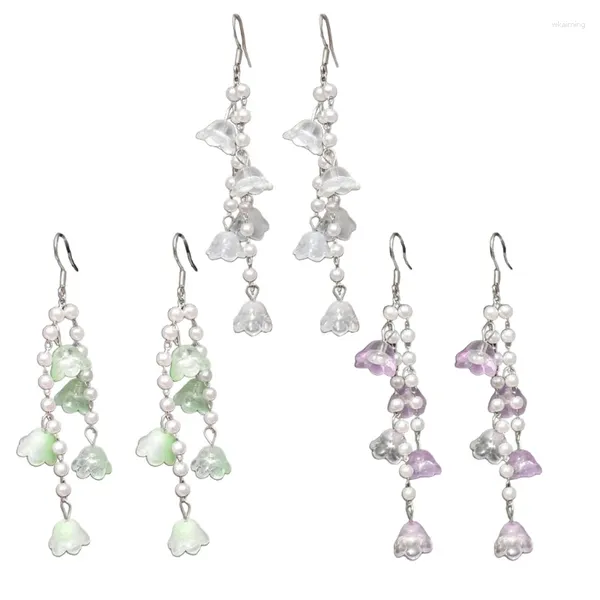 Boucles d'oreilles en peluche fleurs vintage orchidées simulées boucles d'oreille de pendentif perles gouttes d'oreilles perlées polyvalentes longues