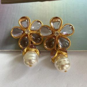 Boucles d'oreilles pendantes Vintage français romantique fleur rose Baroque perle pendentif pour femmes luxueux Banquet bijoux fins