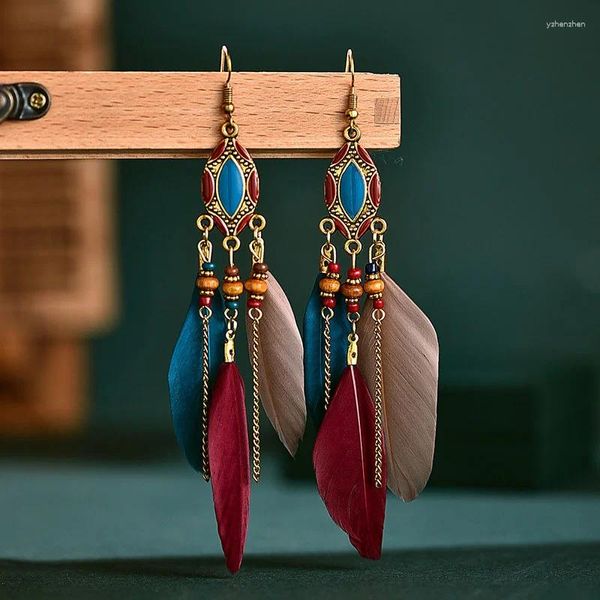 Boucles d'oreilles pendantes Vintage frange plume bohème ethnique goutte huile bois perle pour femmes filles bijoux