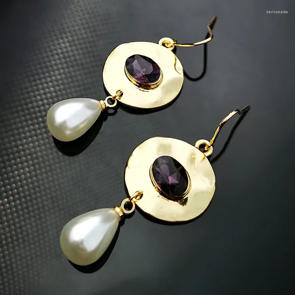 Pendientes colgantes de dorado vintage Pearl Pearl Purple Stone Disc Disc Pendiendo para mujeres Joyas de moda elegantes