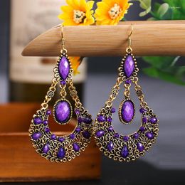 Pendientes colgantes de oro Vintage Gota de agua Metal Hollow Long para mujeres Joyas Tailandia Purple Purple Stone Hangers