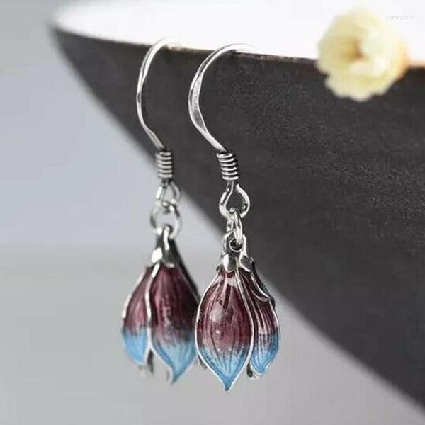 Boucles d'oreilles pendantes Vintage dégradé bleu fleur de Lotus femme bijoux ethniques couleur argent cloisonné bourgeon fleur goutte