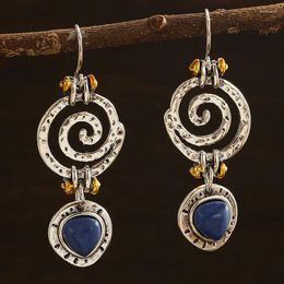 Baumelnde Ohrringe Vintage Hand eingelegte natürliche blaue Steintropfen böhmische ethnische Hohlspirale hängend für Frauen Schmuck 2024