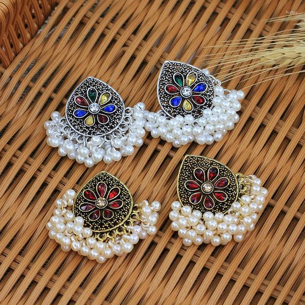 Boucles d'oreilles pendantes Vintage fait à la main blanc perle perles fleur thaïlande Jhumki Jhumka bohême fête bijoux déclaration Pendientes