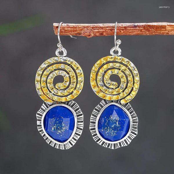 Boucles d'oreilles pendantes Vintage creux spirale bleu pierre naturelle goutte pour femmes Style ethnique tibétain Lapis Lazuli boucle d'oreille bijoux tribaux cadeaux
