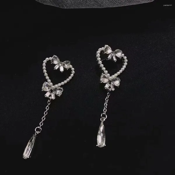 Boucles d'oreilles en peluche vintage Imitation perle amour arc pour adolescents 2023 tendance coréen long crisstal cristal punk métal chaîne oreille