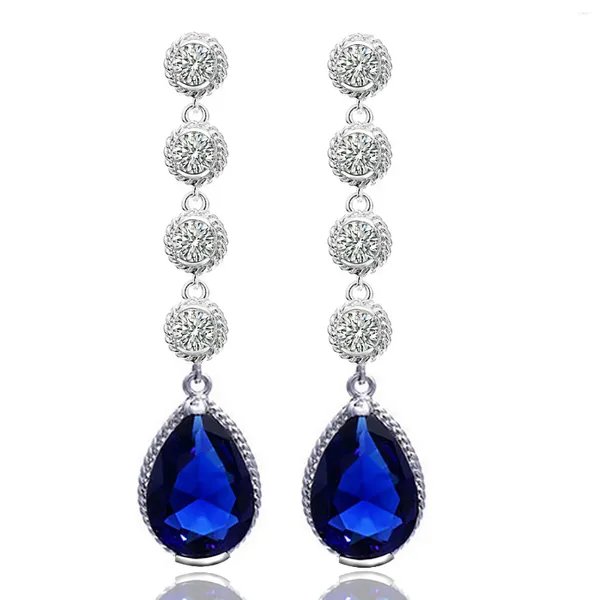 Boucles d'oreilles pendantes vintage longues à cinq niveaux en pierre ronde transparente et larme bleu royal pour femme fille fête bal gala événement formel occasion