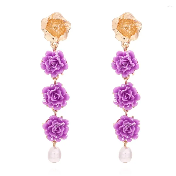 Boucles d'oreilles pendantes Vintage longue fleur en résine violette pour femme bijoux