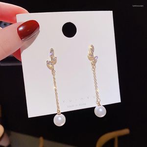 Dange oorbellen Vintage Long Tassel Crystal Leaf voor vrouwen Fashion Imitatie Pearl Ball Drop 2023 Koreaanse sieraden ER975