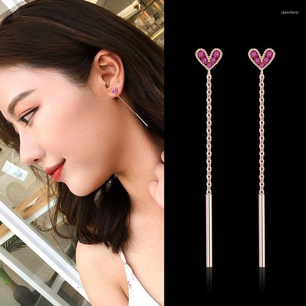 Dangle Boucles D'oreilles Vintage Long Gland Cristal Boucle D'oreille Or Couleur Chaîne Rose Strass Coeur Goutte Oreille Ligne Pour Les Femmes Tendance Bijoux