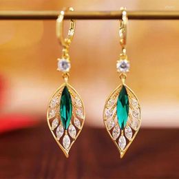 Baumeln Ohrringe Vintage Luxus Grün Kristall Hohl Blatt Anhänger Exquisite Koreanische frauen Mode Schmuck Party Geschenke