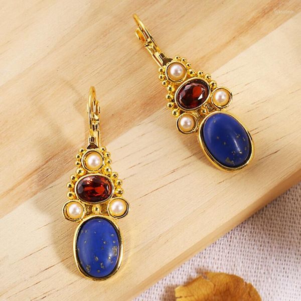 Boucles d'oreilles pendantes Vintage Lapis Lazuli naturel suspendu pour les femmes déclaration conception couleur or rétro bijoux en gros
