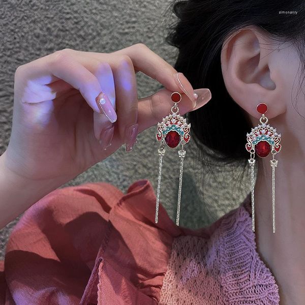 Pendientes colgantes máscara de ópera de Pekín Vintage para mujer, pendiente de cristal de perla con borla étnica china, accesorios de joyería de moda para fiesta