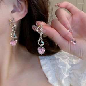 Boucles d'oreilles pendantes en forme de cœur pour femmes, Vintage, rose, Zircon, mode, douce, personnalité irrégulière, bijoux Y2K, tendance 2024