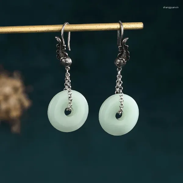 Boucles d'oreilles pendantes Vintage plaqué argent thaïlandais, poisson incrusté, Imitation Hetian Jade, boucle de sécurité pour femmes, bijoux chinois 48MM