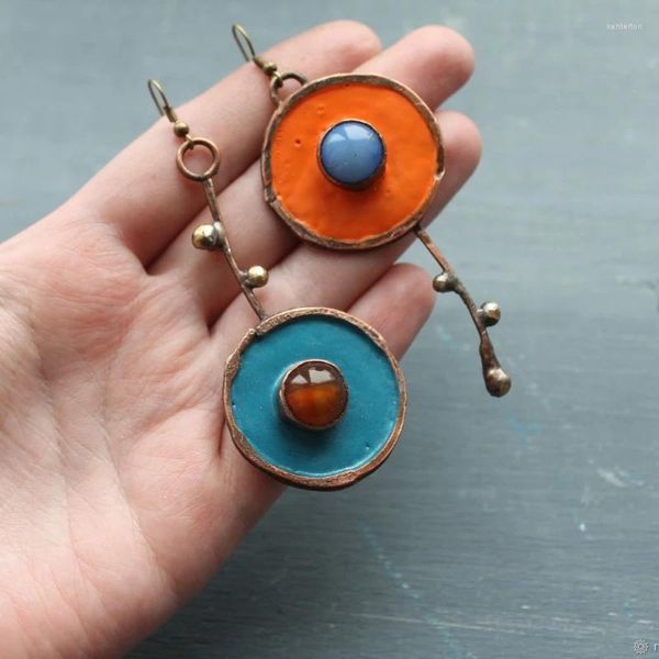 Boucles d'oreilles pendantes Vintage rouge cuivre couleur métal pour femmes personnalité ethnique bleu Orange boucle d'oreille ronde bijoux de fête cadeaux