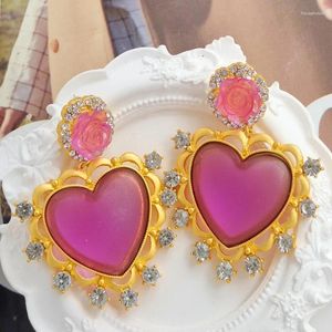 Boucles d'oreilles pendantes Vintage résine fleur amour coeur grande goutte boucle d'oreille strass géométrie pour femmes bijoux 2024 rétro France S925 aiguille en argent