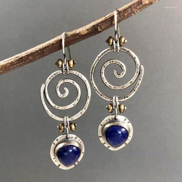 Boucles d'oreilles pendantes Vintage rondes creuses spirale pierre bleue pour femmes bijoux tribaux métal couleur argent tourbillon ethnique Boho