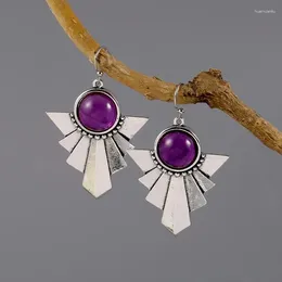 Boucles d'oreilles pendantes Vintage rondes incrustées de pierres violettes, crochet ethnique couleur argent en métal, motifs sculptés à la main, accessoires de fête