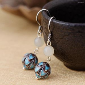 Boucles d'oreilles pendantes Vintage S925 Sterling Silver Hetian Jade Ornement Thai Burnt Blue Craft Women's Floral Ethnic Style