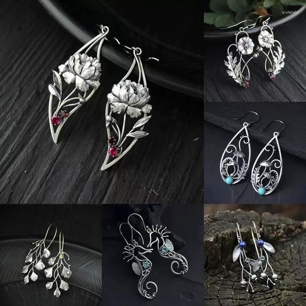 Pendientes colgantes Vintage Color plata pendiente de gota seta elfo bosque hoja flor para mujer naturaleza joyería de declaración botánica