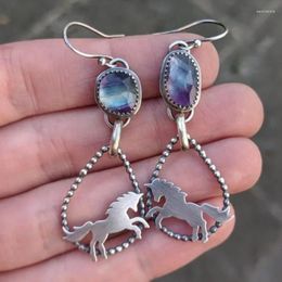 Boucles d'oreilles pendantes Vintage couleur argent petit cheval goutte pour femmes pierres de couleur irrégulière boucle d'oreille Style ethnique bijoux cadeaux de fête