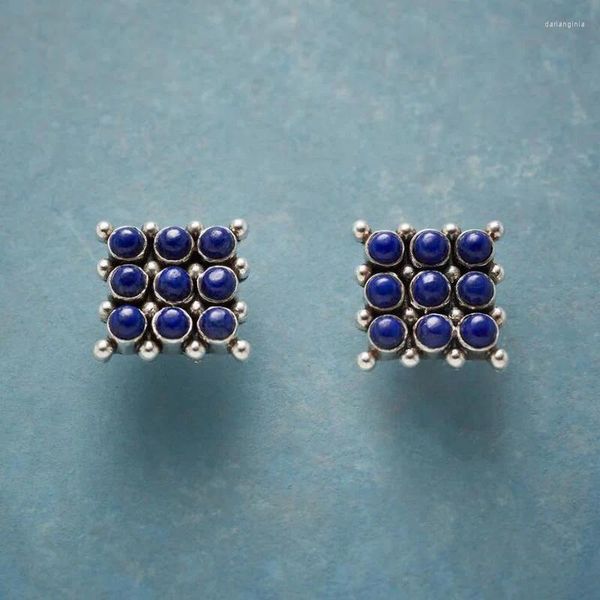 Boucles d'oreilles en peluche vintage carré métal incruste 9 lapis lazuli étouffer les dames personnalité bijoux de fête simple