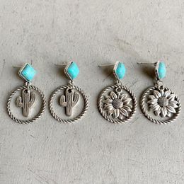 Bengelen oorbellen vintage vierkante turquoise stenen touwcirkel metaal cactus zonnebloem voor vrouwen boho statement sieraden