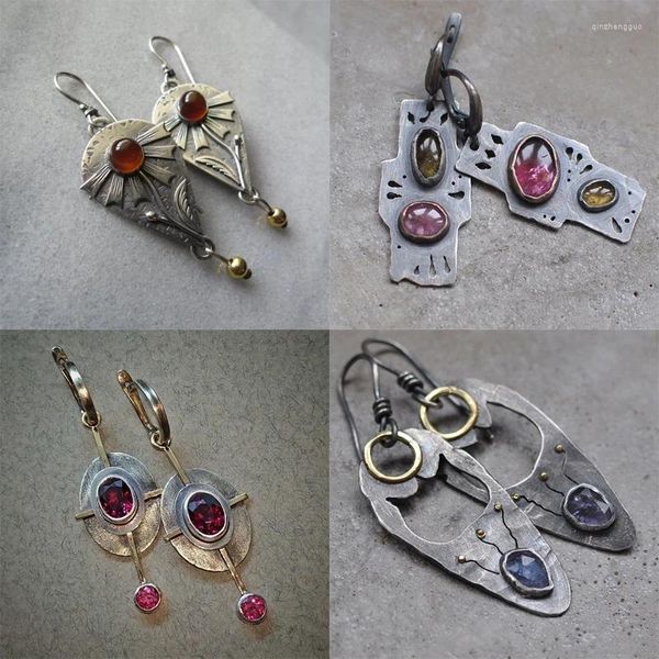 Pendientes colgantes estilo vintage con incrustaciones de piedras preciosas cruzadas talladas patrón de planta colgante geométrico joyería única para mujeres accesorios de fiesta