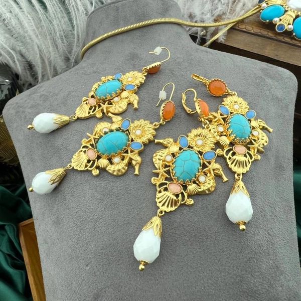 Boucles d'oreilles pendantes de tempérament vintage, 100 crochets d'oreille, niche en verre turquoise, luxe, style rétro