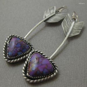 Boucles d'oreilles pendantes Vintage tibétaines couleur argent pour femmes, Design plumes et feuilles, pendentif Triangle en pierre de résine violette