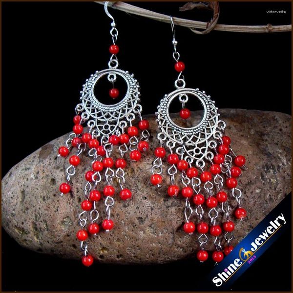 Boucles d'oreilles pendantes Vintage Style tibétain bijoux de mode pour les femmes avec des pierres de corail rouge perles longues boucles d'oreilles femme-ZY03