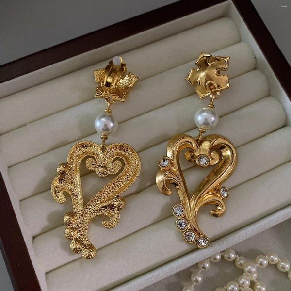Boucles d'oreilles pendantes Vintage Top qualité perle cristal coeur Long 24K plaqué or grand clip d'oreille pour les femmes Europe bijoux à la mode