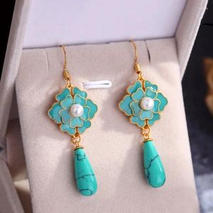 Boucles d'oreilles pendantes Vintage Turquoise camélia pour femmes accessoires de conception chinoise Antique or artisanat émail goutte d'oreille bijoux