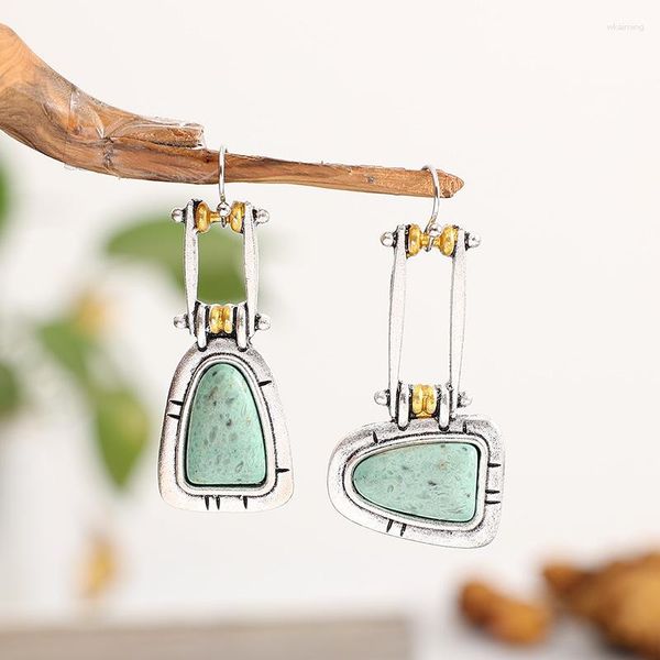 Boucles d'oreilles pendantes Vintage Turquoise émeraude pierre asymétrique ovale poste pour femmes filles goutte Boho bijoux cadeau