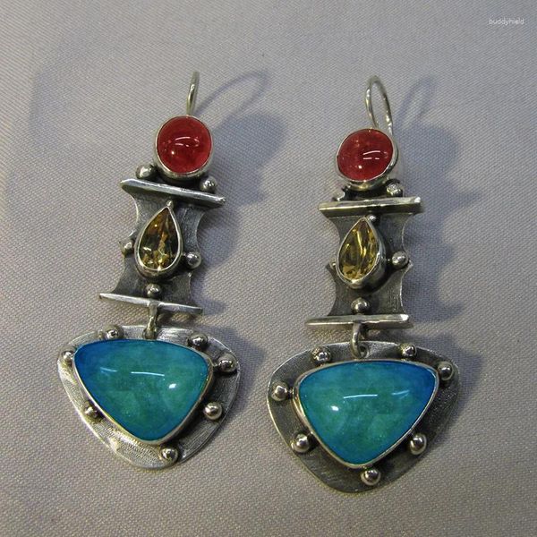 Boucles d'oreilles pendantes Vintage goutte d'eau bleu Zircon ethnique couleur argent métal sculpté à la main motifs pierre rouge bijoux