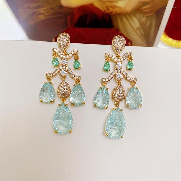 Pendientes colgantes Vintage Mujer Azul marino Zirconio Gota de agua Precioso colgante en forma de lágrima Joyería de banquete largo