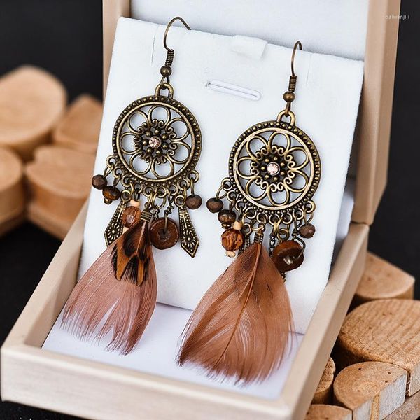 Boucles d'oreilles pendantes Vintage femmes bois perle longue plume bijoux bohême Bronze fleur sculpté creux rond suspendu