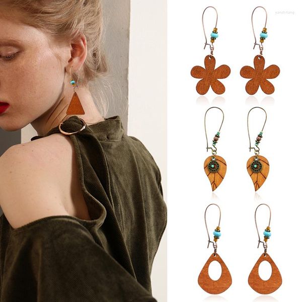 Boucles d'oreilles pendantes Vintage bois géométrique pendentif fleur feuille pièce creux ovale gouttes Triangle arc suspendu perle bohème bijoux