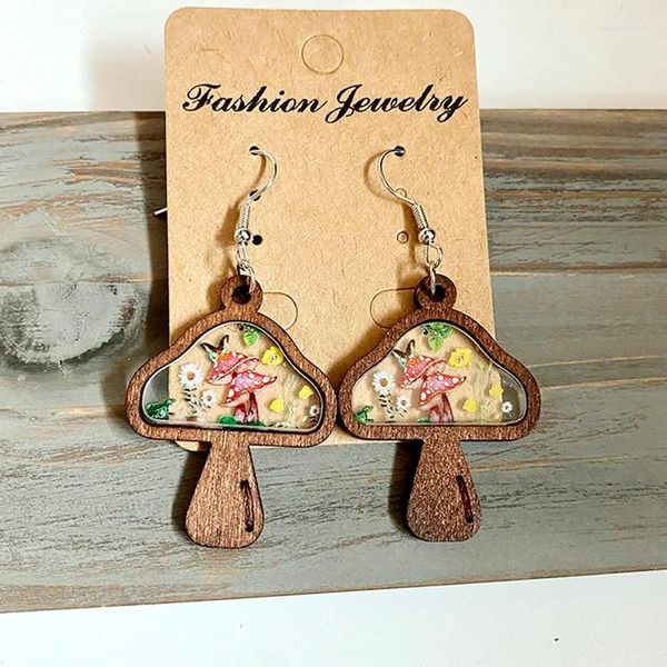 Boucles d'oreilles Vintage en forme de champignon en bois, vente en gros, Unique, imprimé rouge, mode pour femmes, accessoires de bijoux