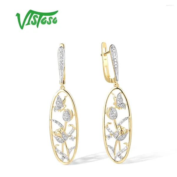 Boucles d'oreilles en peluche Vistoso Real 14K 585 Fleur de papillon en or jaune pour femmes diamants scintillants pendants verrouillage